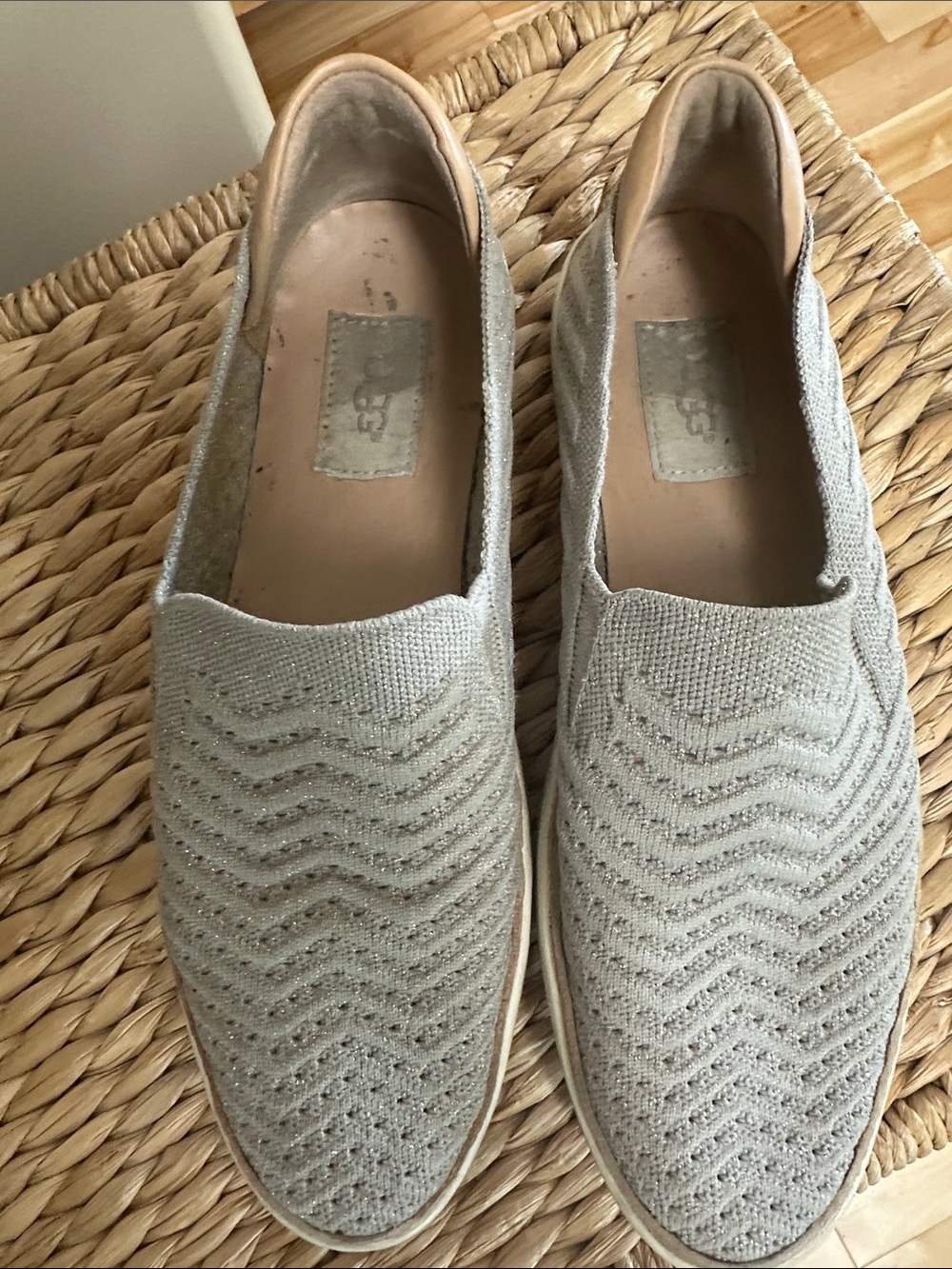 UGG Light Beige Knit Slip-On Sneakers with Subtle Sparkle